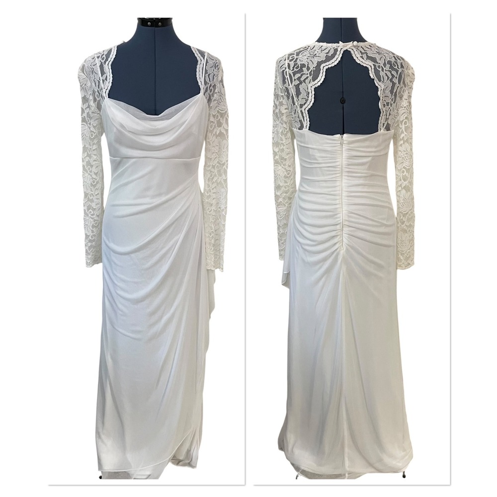 db studio White Lace Long Sleeve Draped Cowl Neck Wedding Gown Y2K Coquette 10